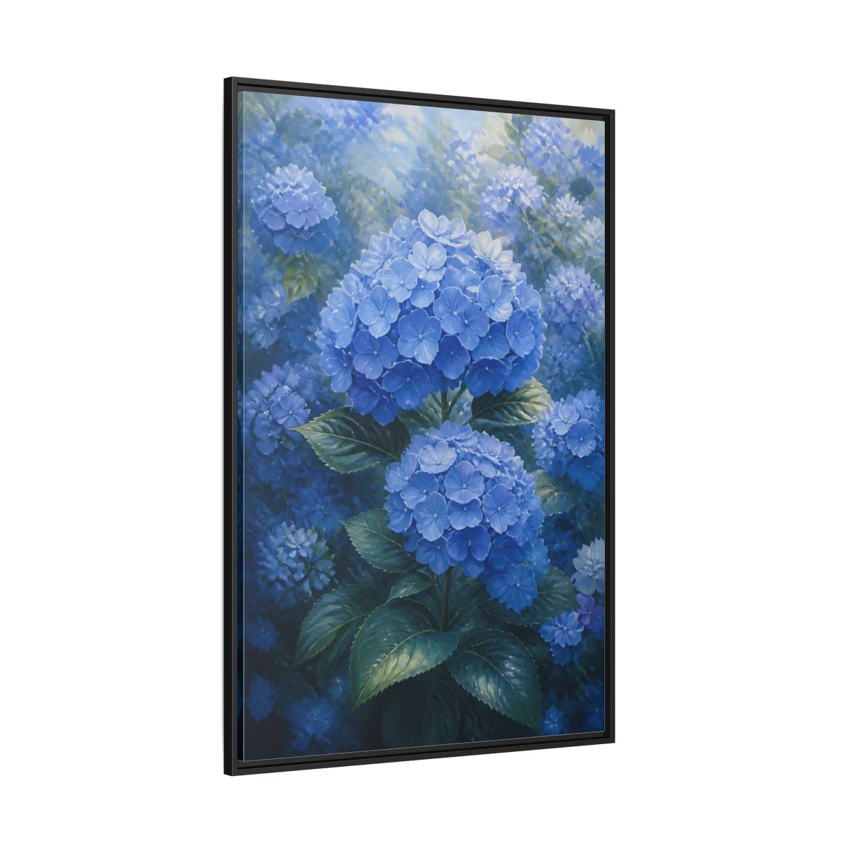 Side Mockup 12. Floral Hydrangea Blue Hydrangeas shown as stretched canvas wall art
