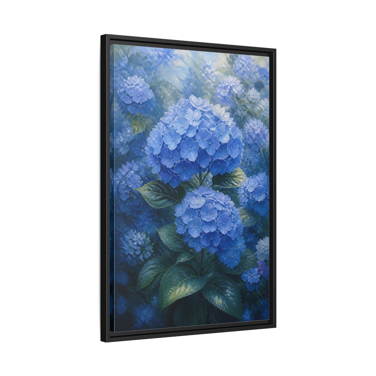 Side Mockup 14. Floral Hydrangea Blue Hydrangeas shown as stretched canvas wall art