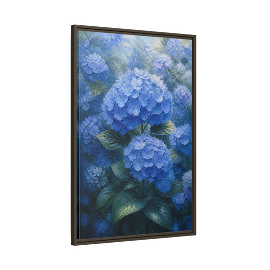 Main Mockup. Floral Hydrangea Blue Hydrangeas shown as stretched canvas wall art