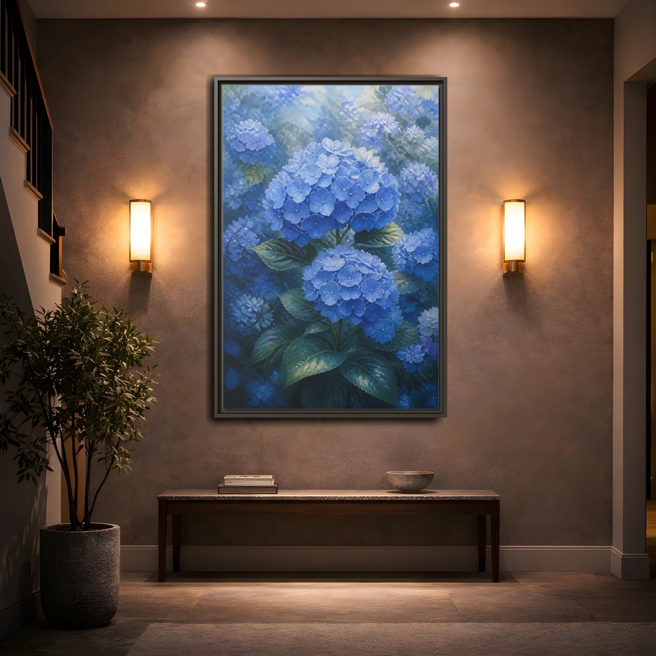 Mockup 2. Floral Hydrangea Blue Hydrangeas shown as stretched canvas wall art