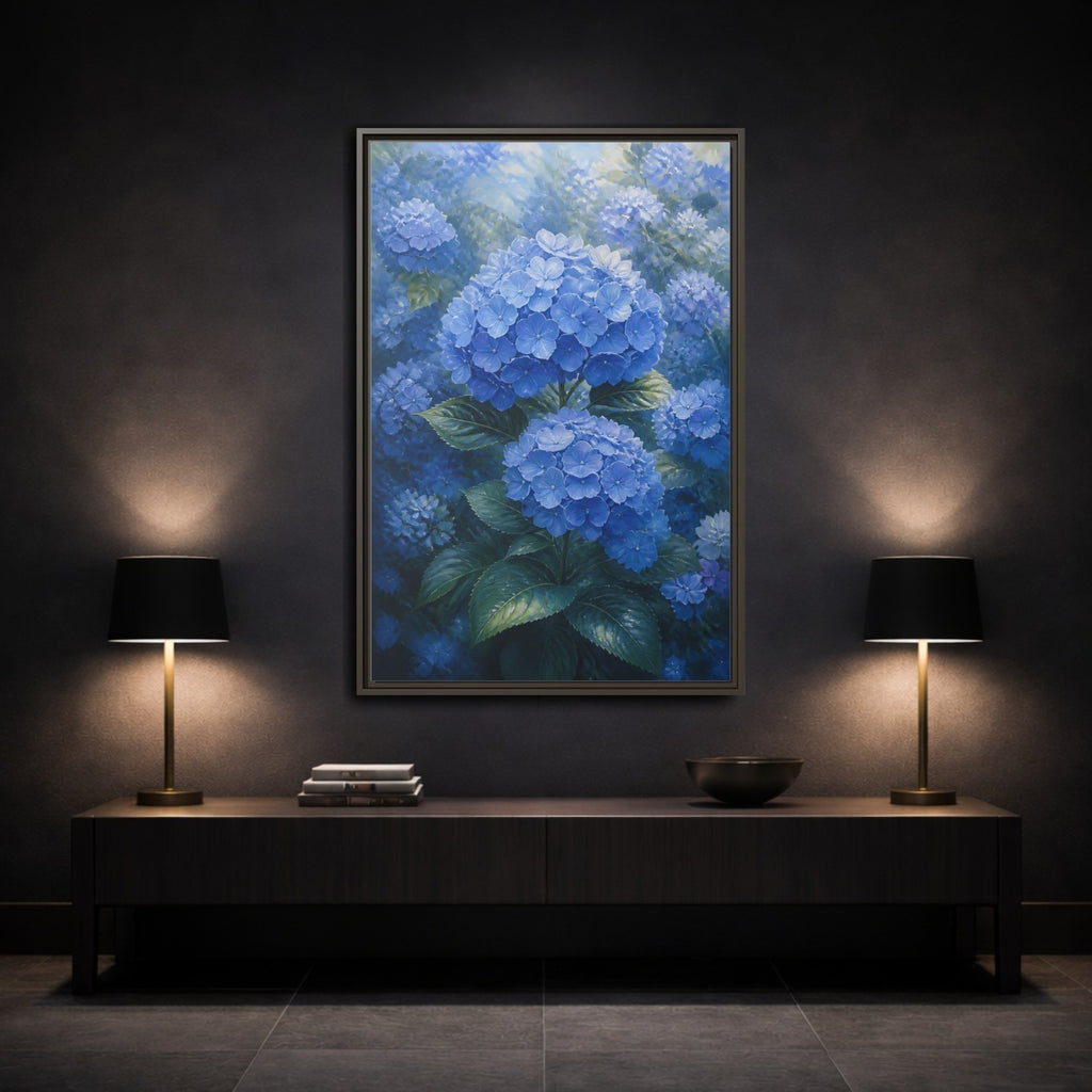 Mockup 3. Floral Hydrangea Blue Hydrangeas shown as stretched canvas wall art