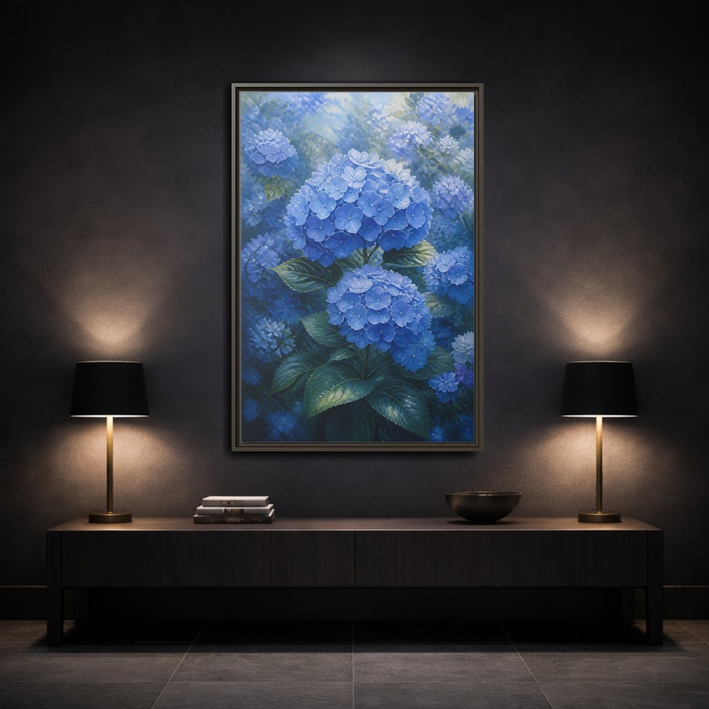 Mockup 3. Floral Hydrangea Blue Hydrangeas shown as stretched canvas wall art