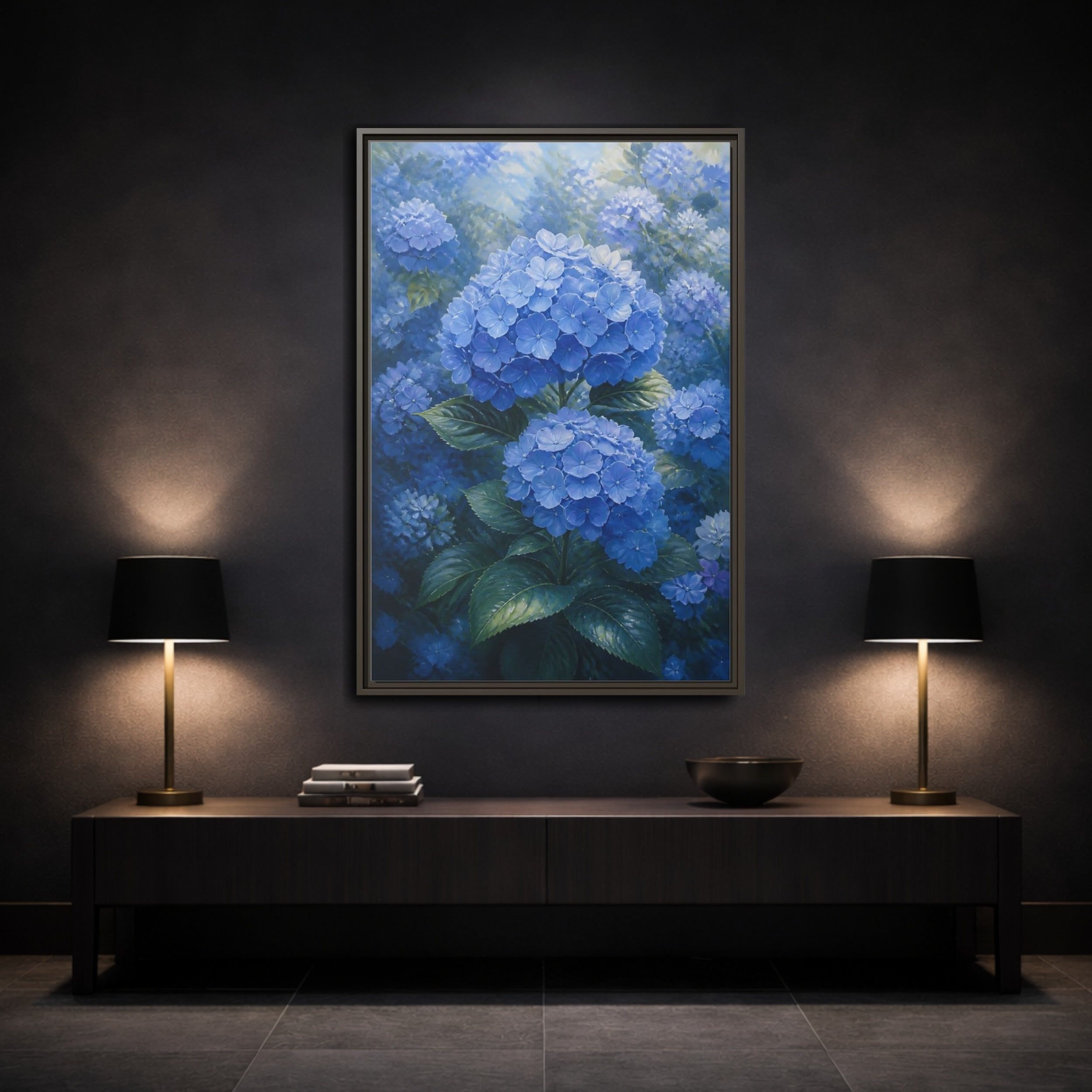 Mockup 3. Floral Hydrangea Blue Hydrangeas shown as stretched canvas wall art