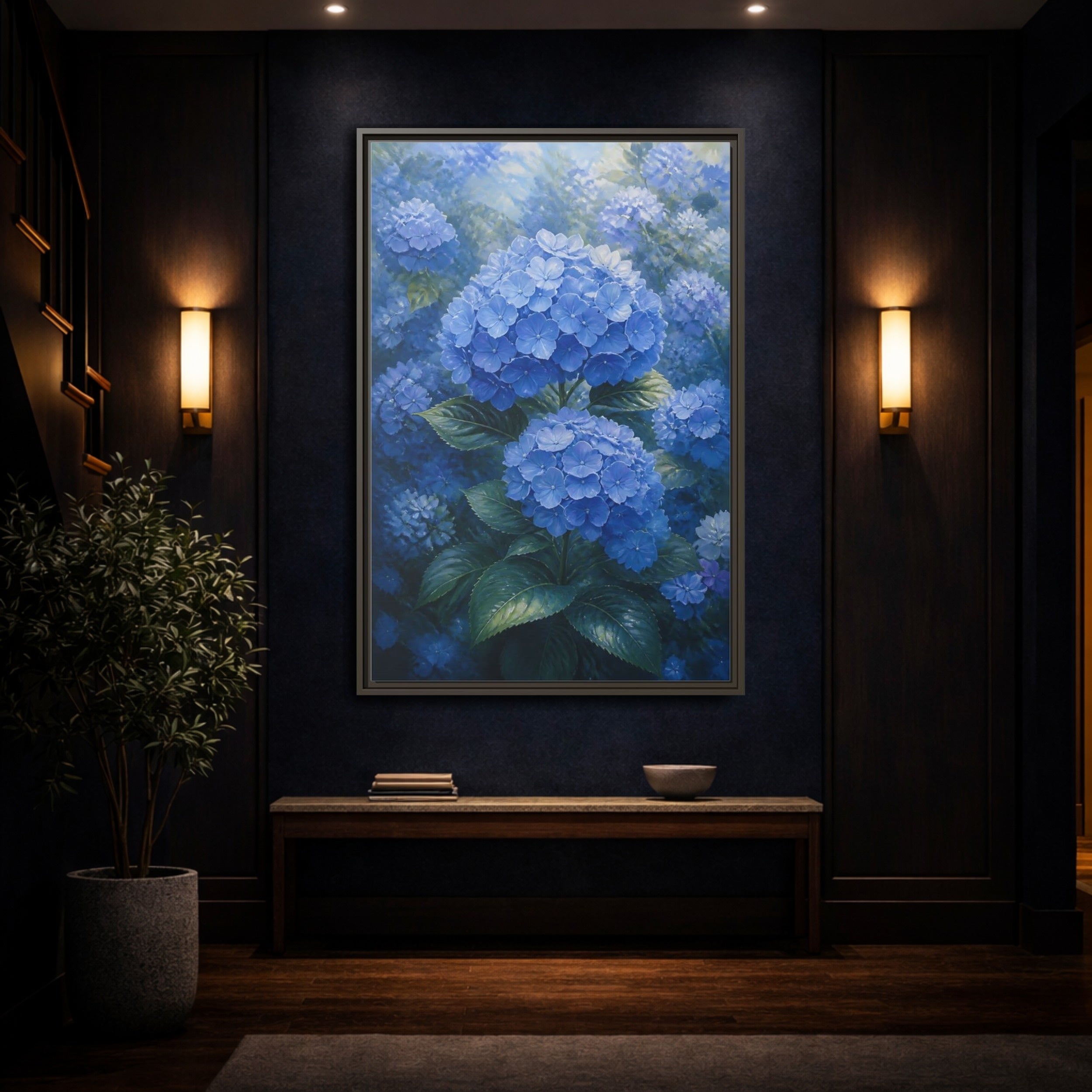 Mockup 4. Floral Hydrangea Blue Hydrangeas shown as stretched canvas wall art