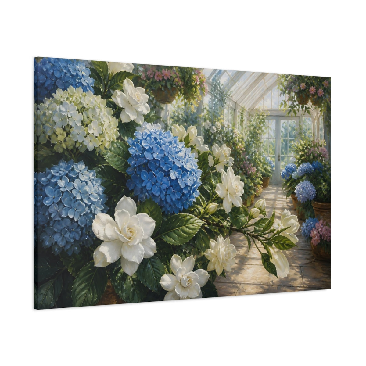 Side Mockup 1. Floral Hydrangeas Blue Hydrangea Floral shown as stretched canvas wall art