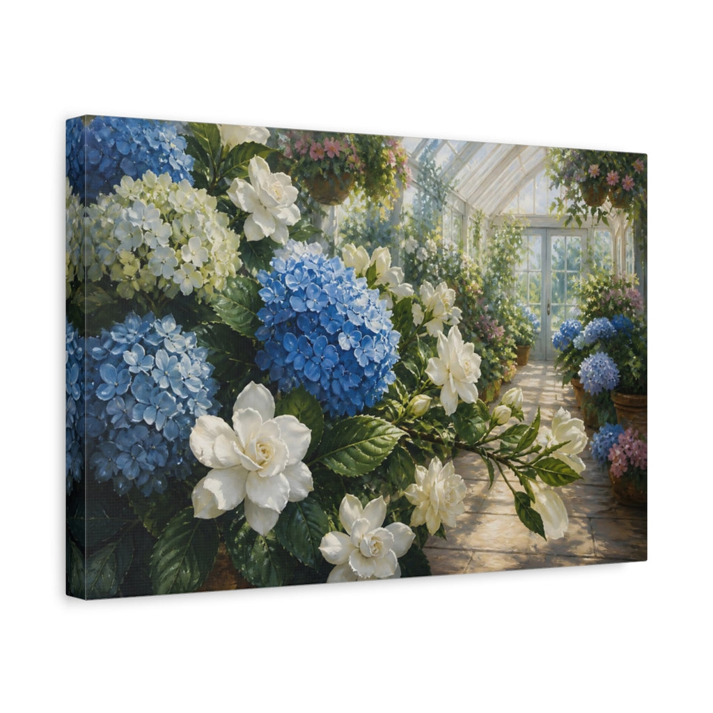 Side Mockup 4. Floral Hydrangeas Blue Hydrangea Floral shown as stretched canvas wall art