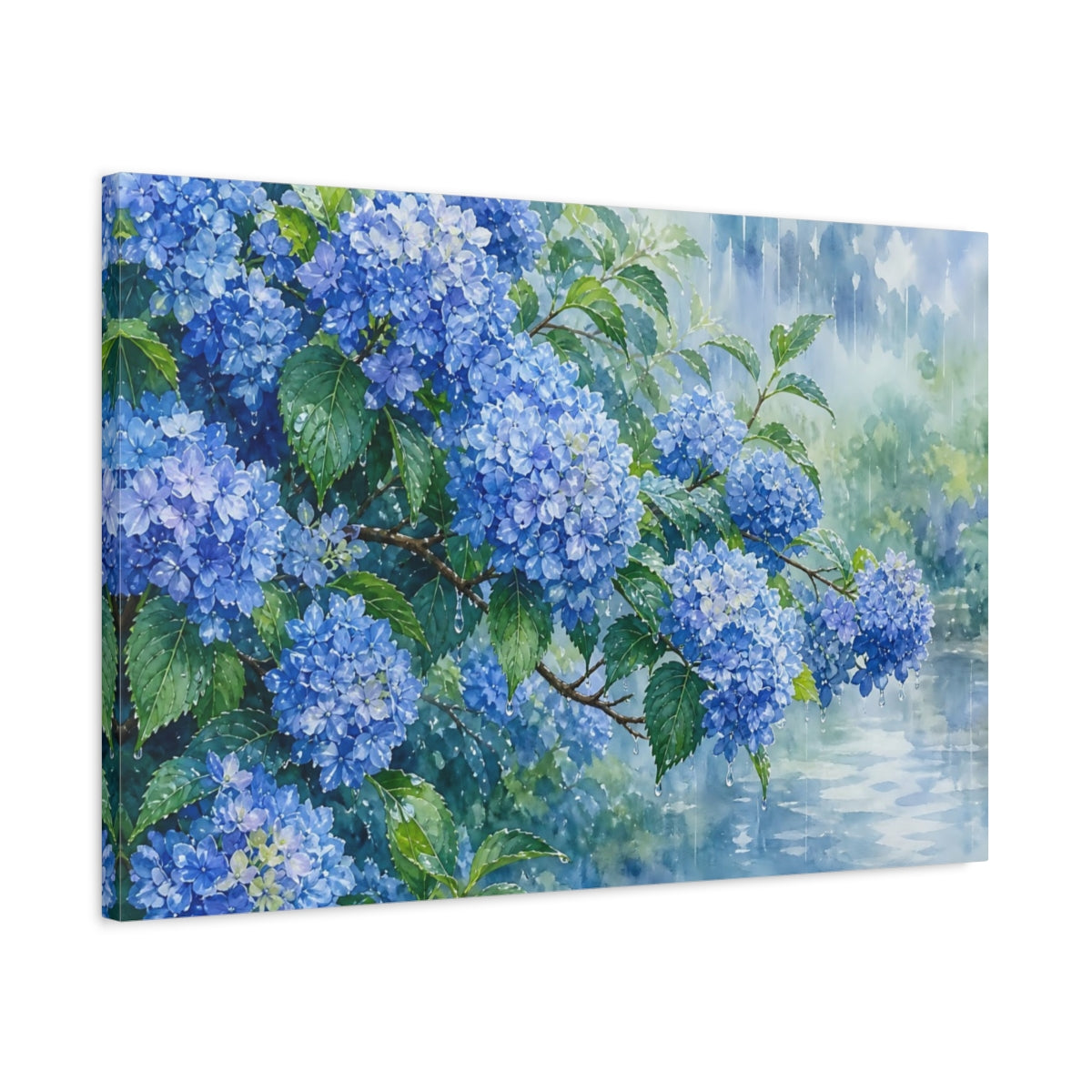 Side Mockup 2. Floral Hydrangeas Blue Hydrangeas shown as stretched canvas wall art