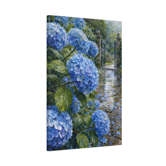 Main Mockup. Floral Hydrangeas Blue Floral Rain shown as stretched canvas wall art