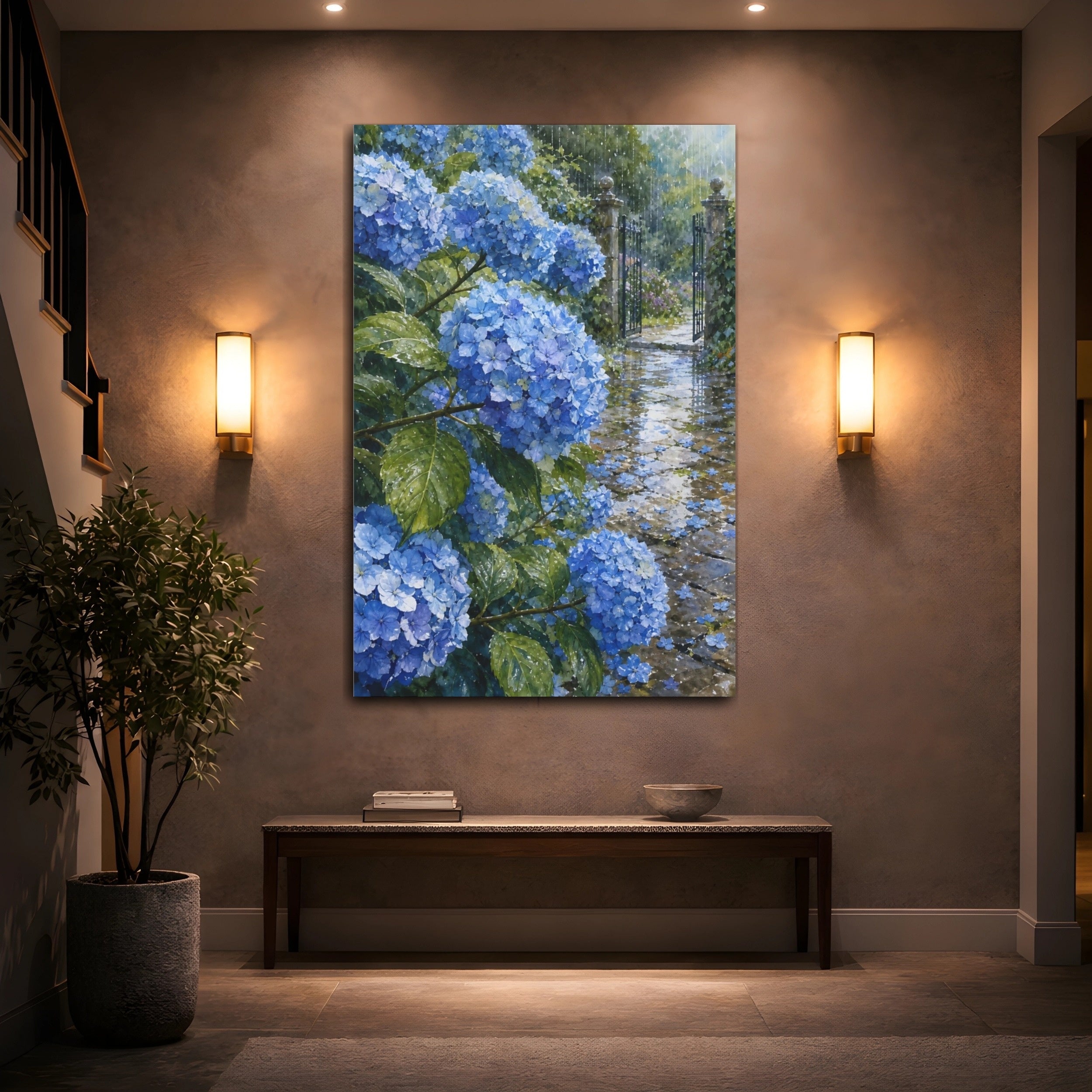Mockup 2. Floral Hydrangeas Blue Floral Rain shown as stretched canvas wall art