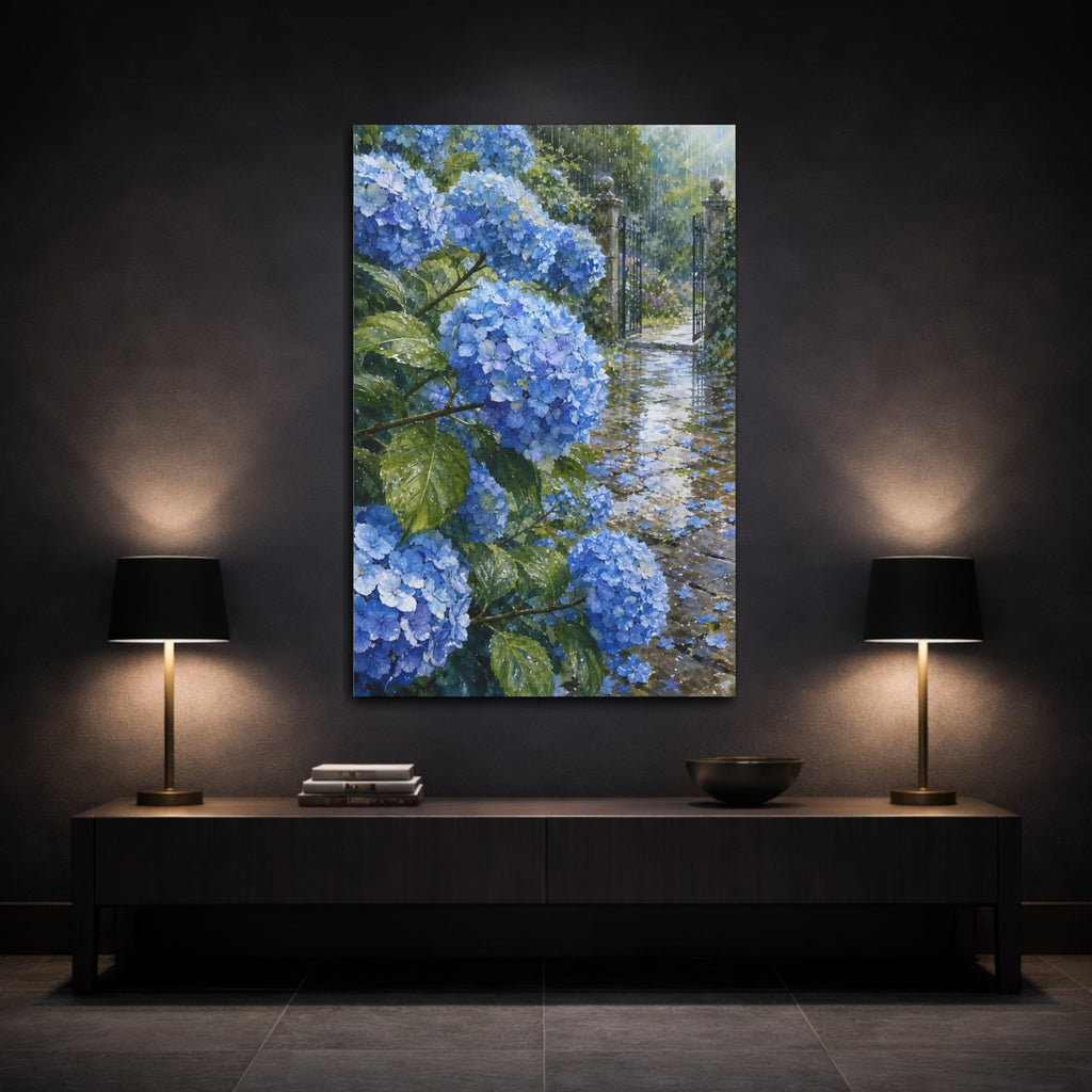 Mockup 3. Floral Hydrangeas Blue Floral Rain shown as stretched canvas wall art