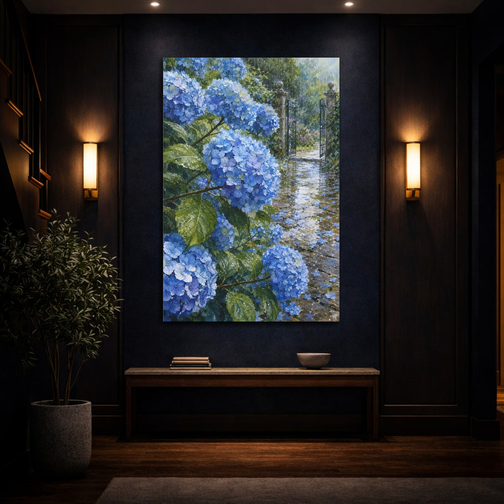 Mockup 4. Floral Hydrangeas Blue Floral Rain shown as stretched canvas wall art