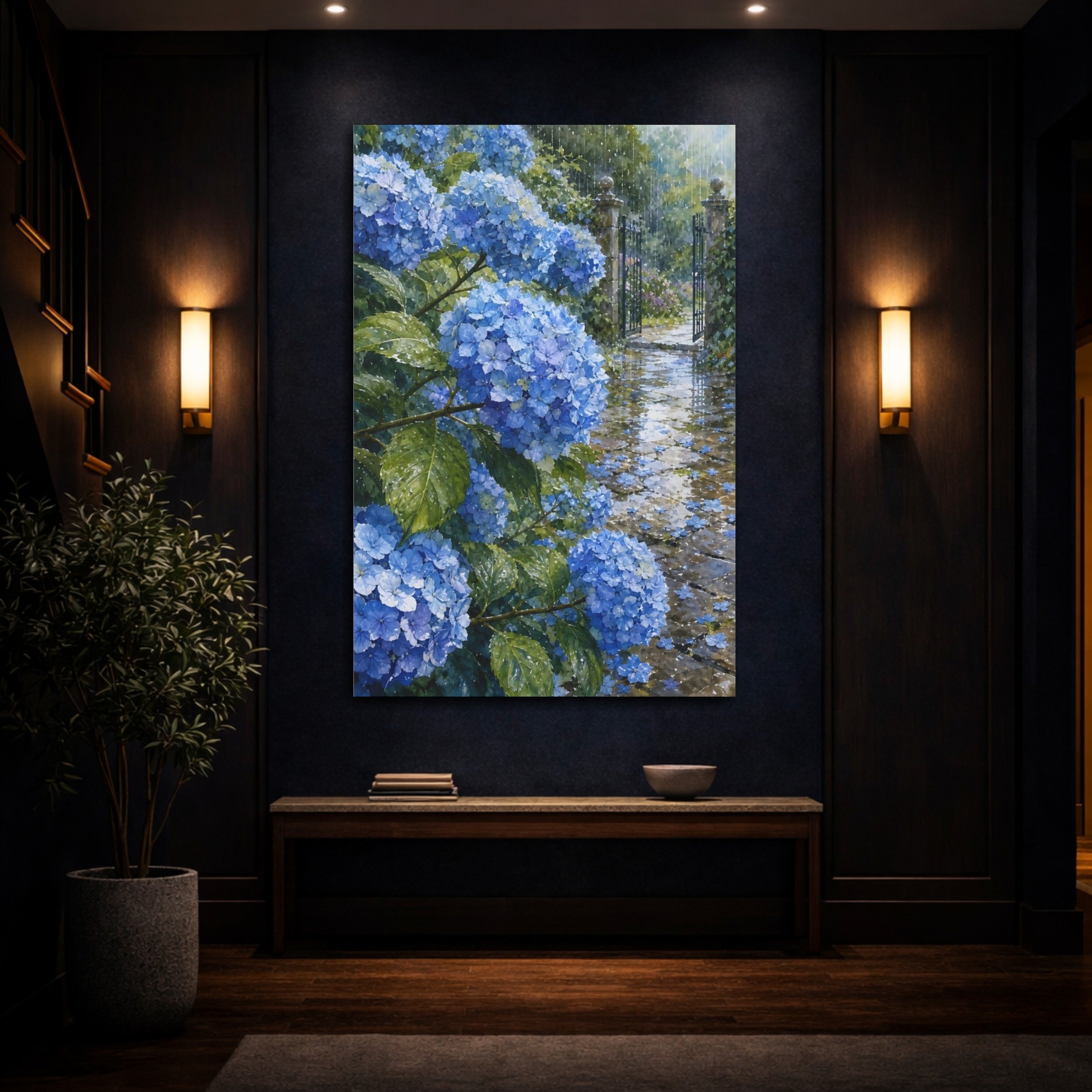 Mockup 4. Floral Hydrangeas Blue Floral Rain shown as stretched canvas wall art
