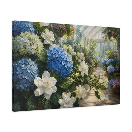 Main Mockup. Floral Hydrangeas Blue Hydrangea Floral shown as stretched canvas wall art