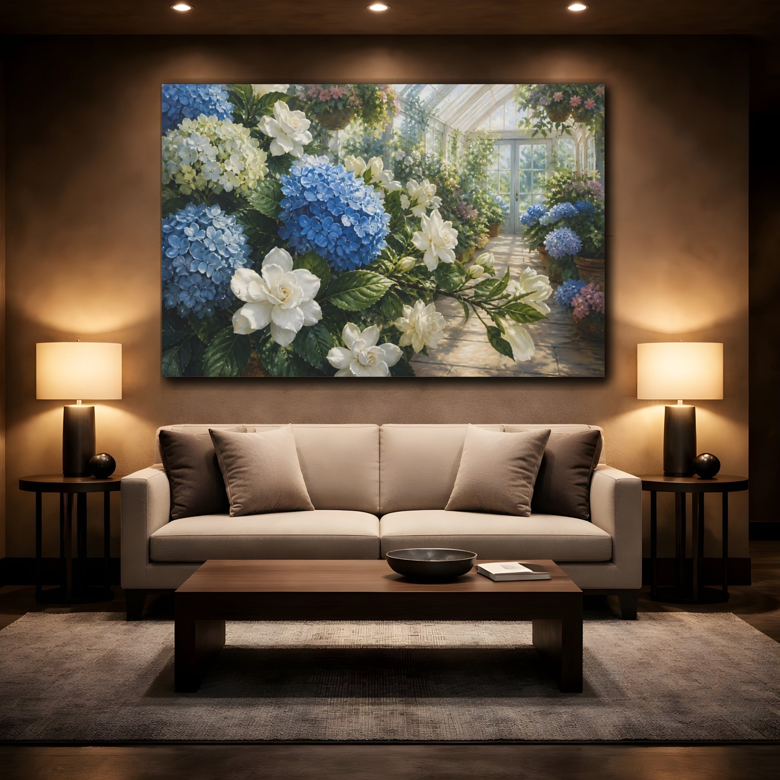 Mockup 2. Floral Hydrangeas Blue Hydrangea Floral shown as stretched canvas wall art