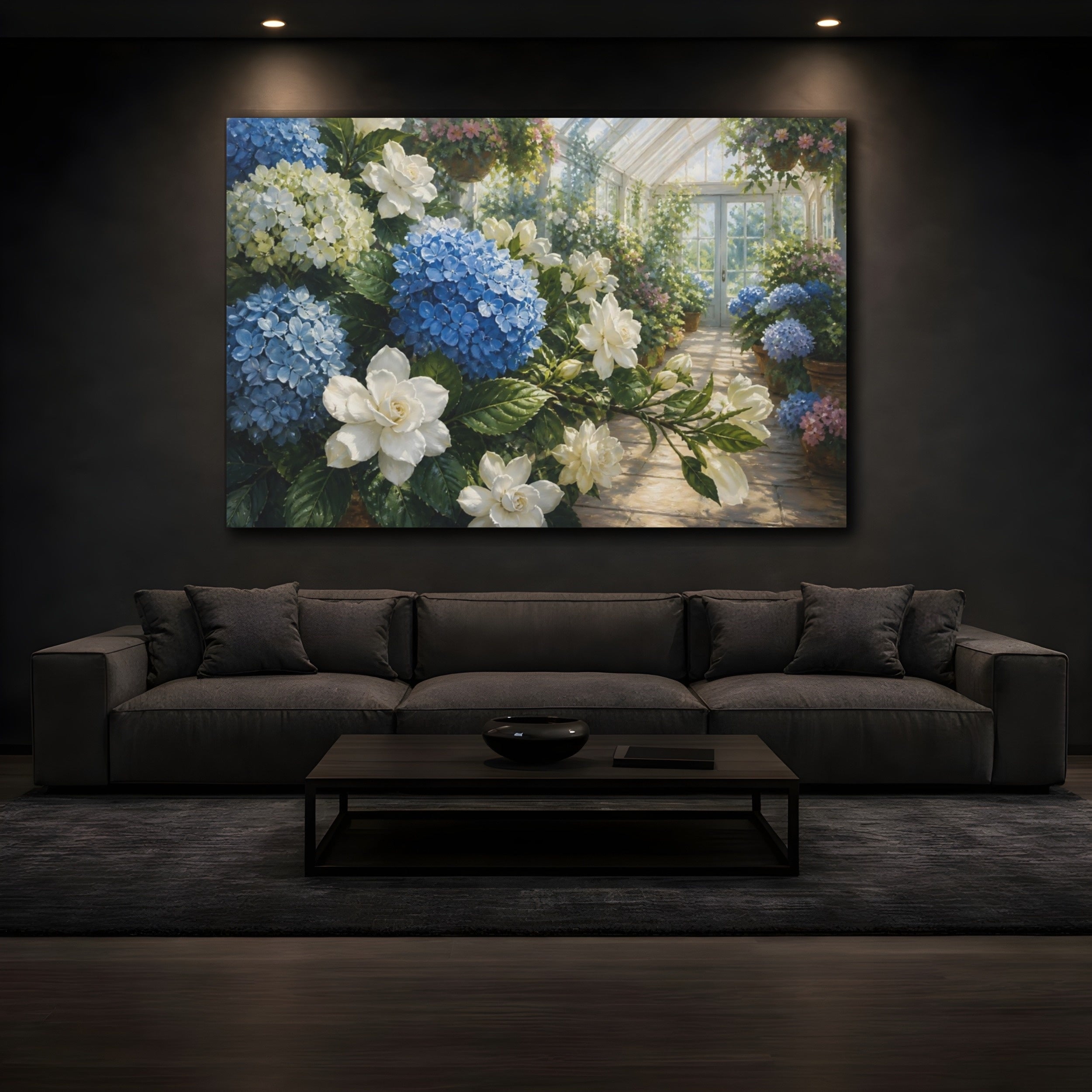 Mockup 3. Floral Hydrangeas Blue Hydrangea Floral shown as stretched canvas wall art