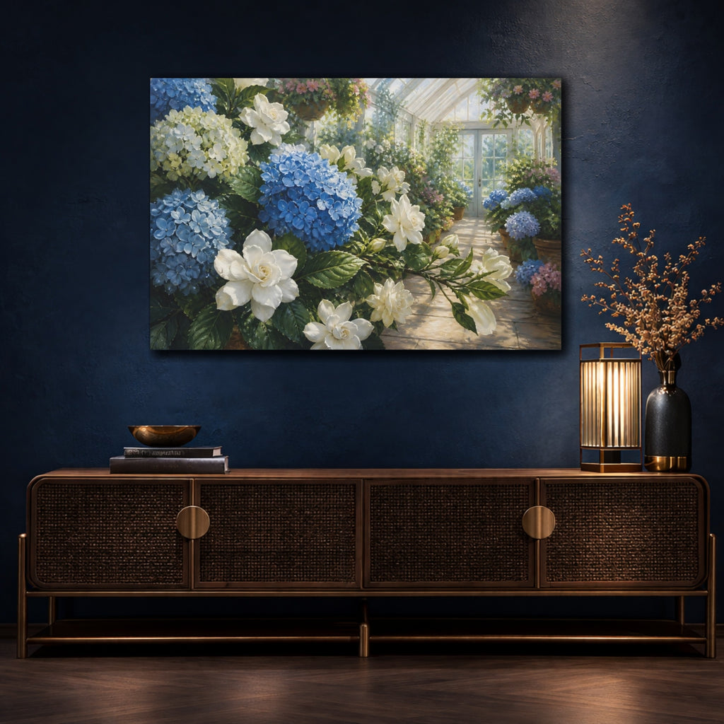 Mockup 4. Floral Hydrangeas Blue Hydrangea Floral shown as stretched canvas wall art
