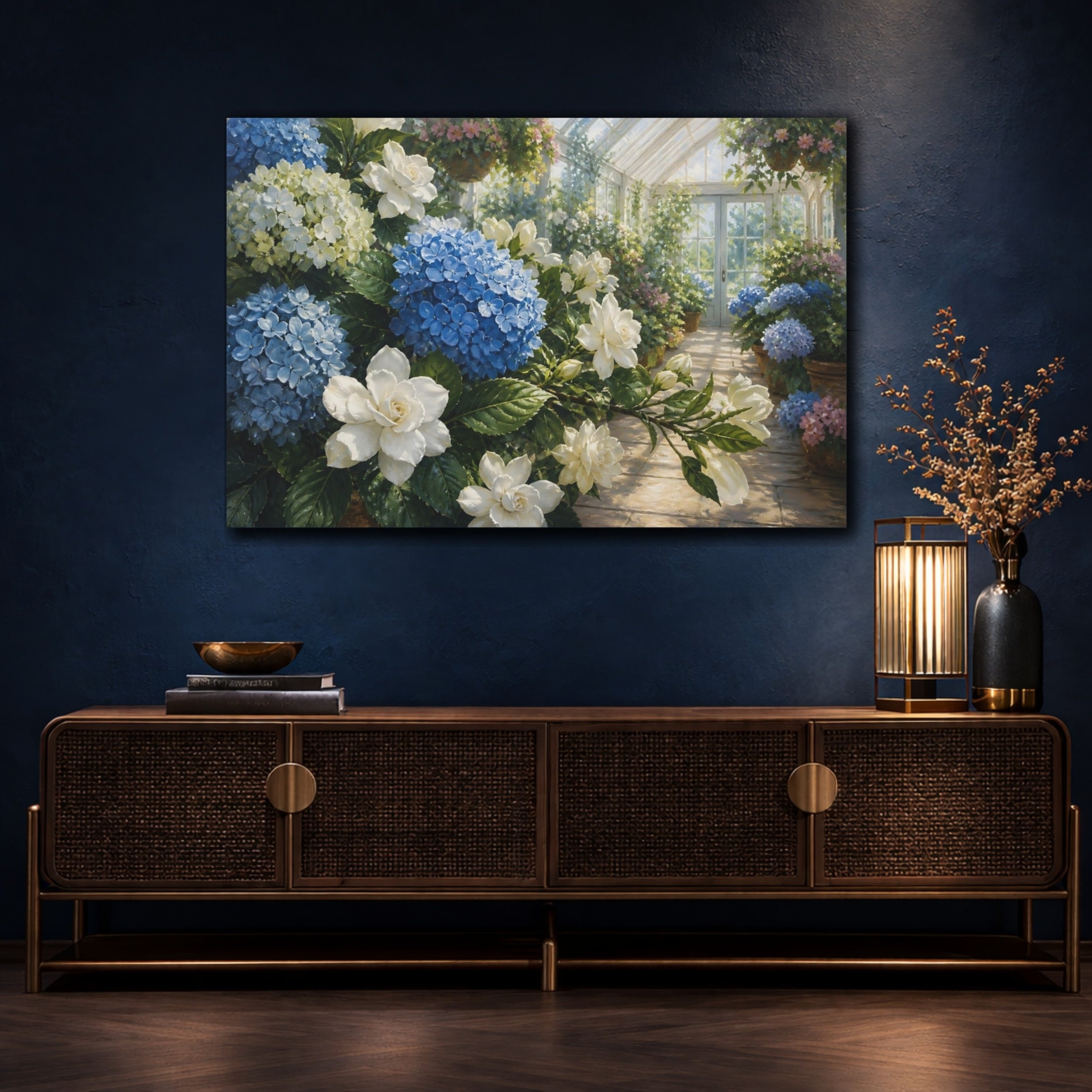 Mockup 4. Floral Hydrangeas Blue Hydrangea Floral shown as stretched canvas wall art