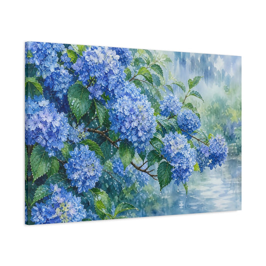 Main Mockup. Floral Hydrangeas Blue Hydrangeas shown as stretched canvas wall art