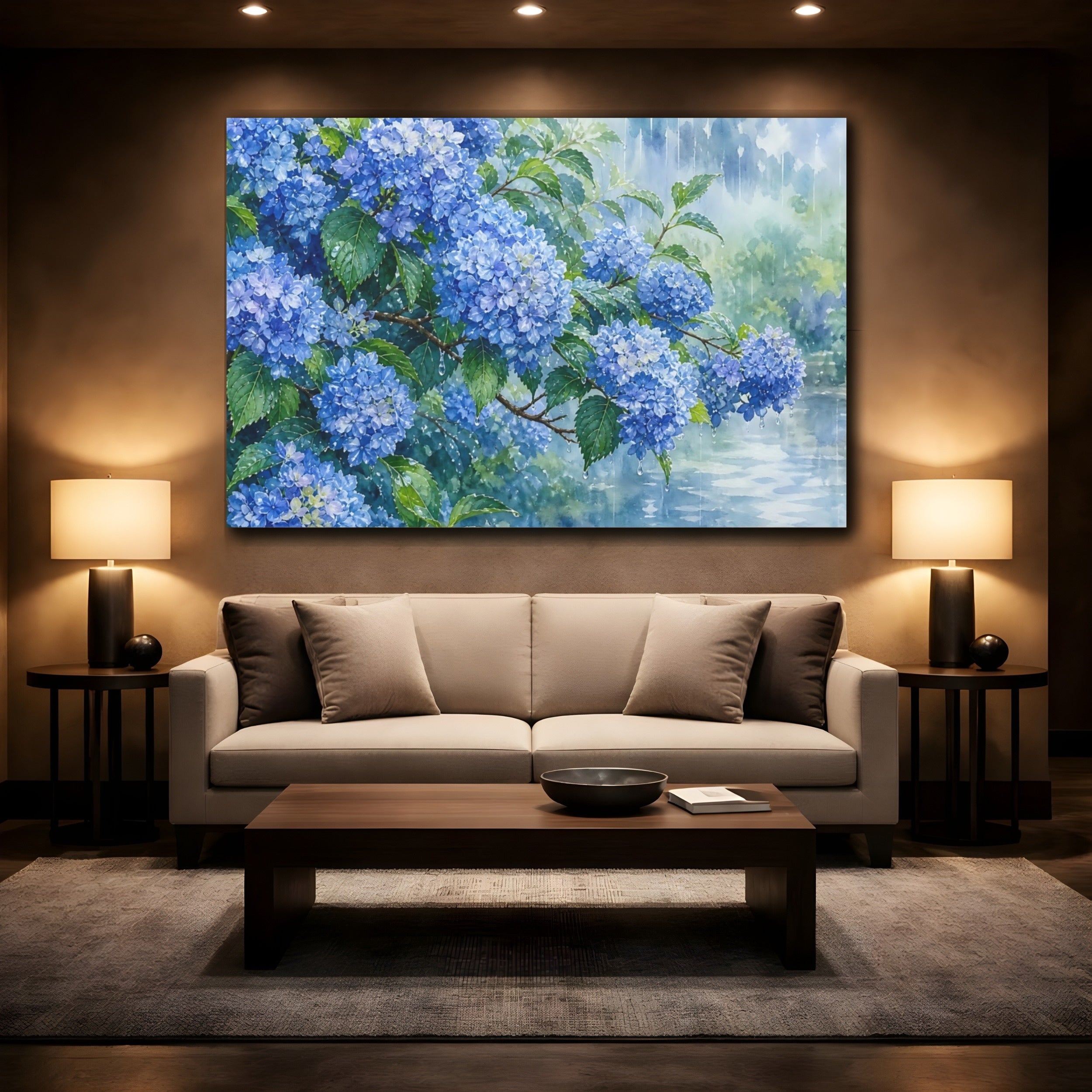 Mockup 2. Floral Hydrangeas Blue Hydrangeas shown as stretched canvas wall art