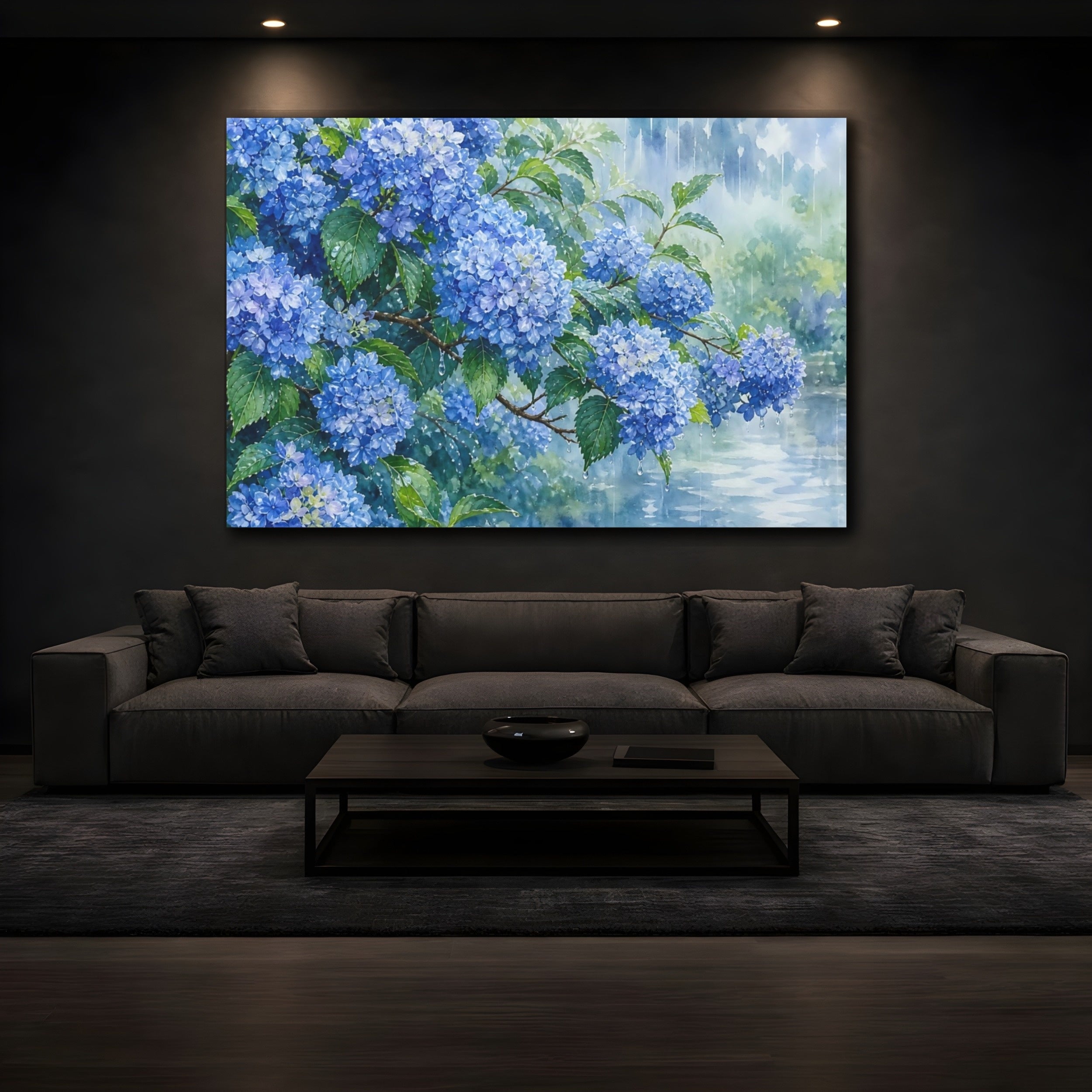 Mockup 3. Floral Hydrangeas Blue Hydrangeas shown as stretched canvas wall art