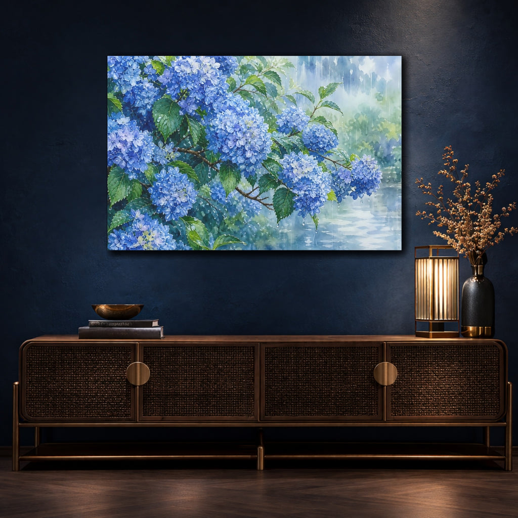 Mockup 4. Floral Hydrangeas Blue Hydrangeas shown as stretched canvas wall art