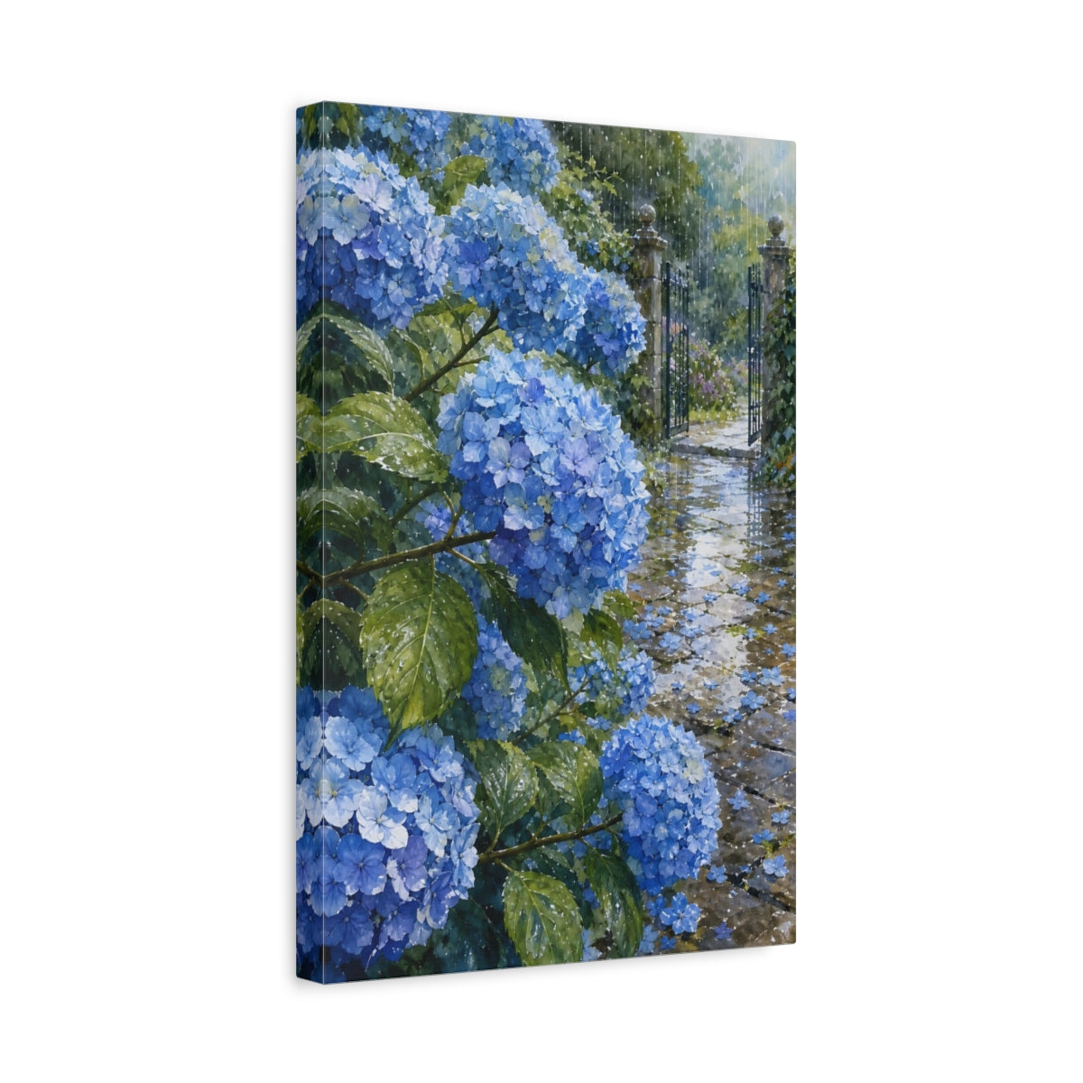 Side Mockup 4. Floral Hydrangeas Blue Floral Rain shown as stretched canvas wall art
