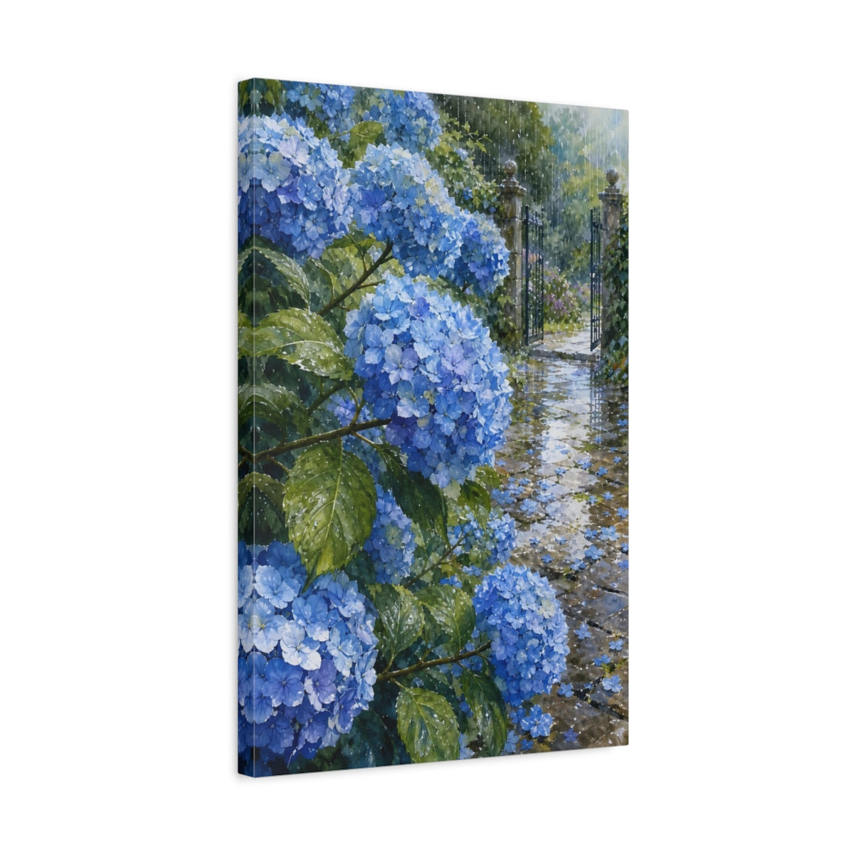 Side Mockup 3. Floral Hydrangeas Blue Floral Rain shown as stretched canvas wall art