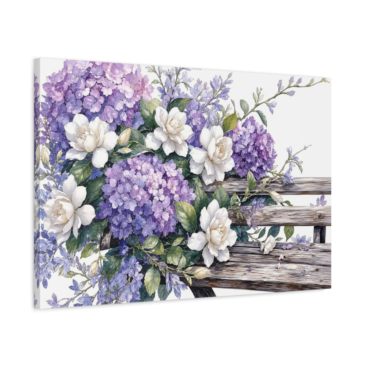 Side Mockup 2. Floral Hydrangeas Gardenias Purple And White Floral shown as stretched canvas wall art