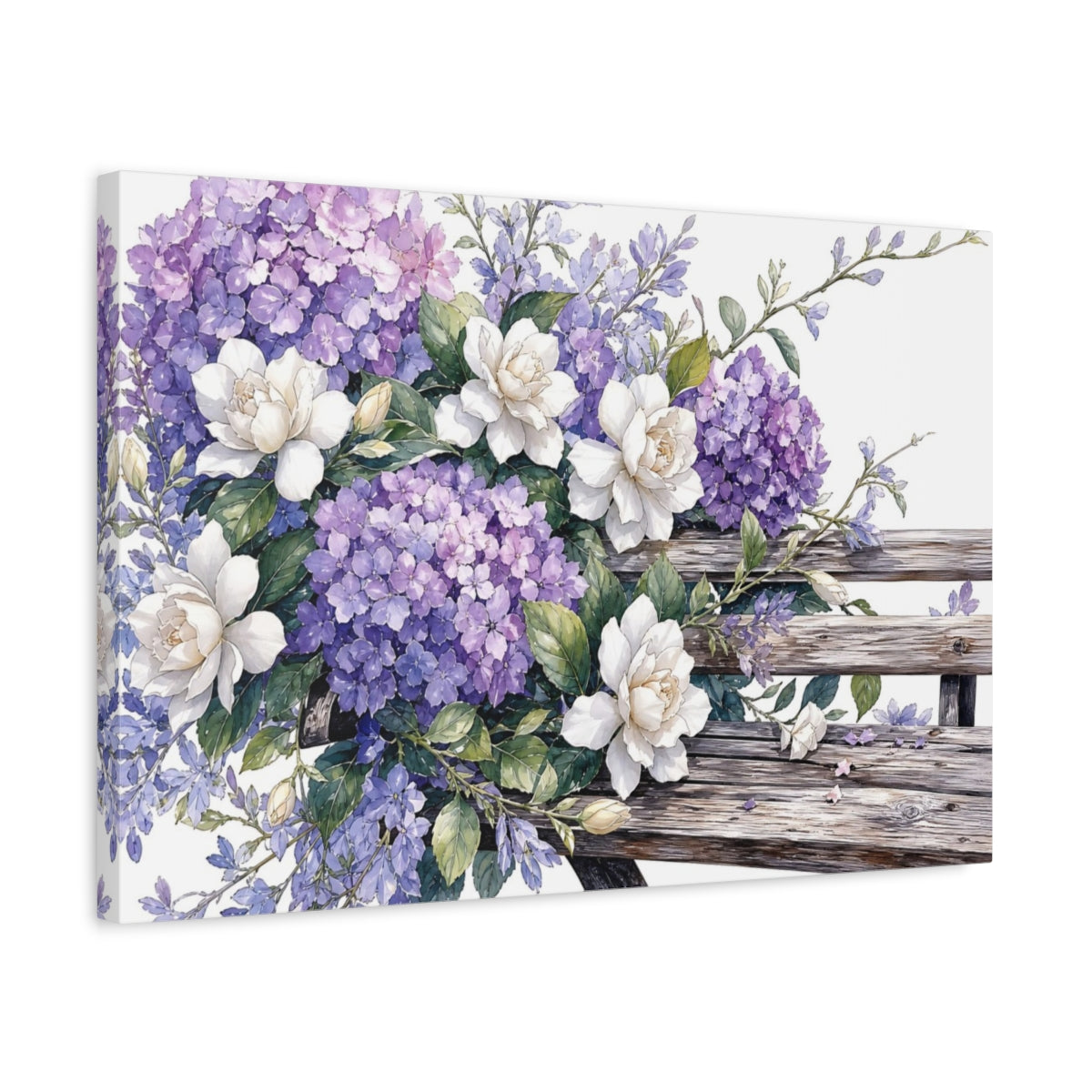 Side Mockup 3. Floral Hydrangeas Gardenias Purple And White Floral shown as stretched canvas wall art
