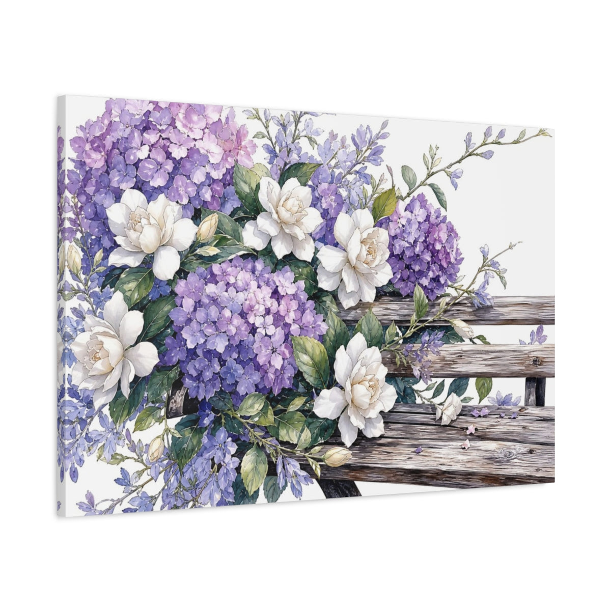 Main Mockup. Floral Hydrangeas Gardenias Purple And White Floral shown as stretched canvas wall art