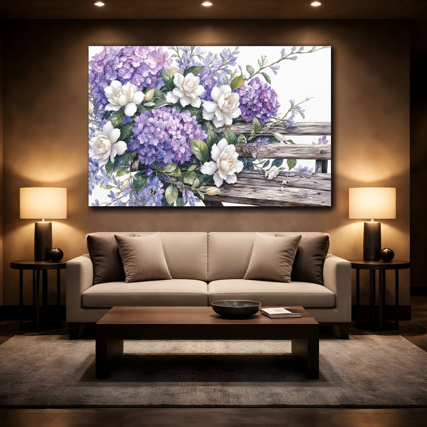 Mockup 2. Floral Hydrangeas Gardenias Purple And White Floral shown as stretched canvas wall art