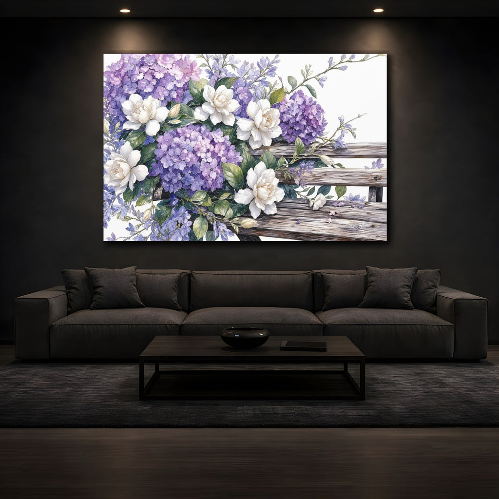 Mockup 3. Floral Hydrangeas Gardenias Purple And White Floral shown as stretched canvas wall art
