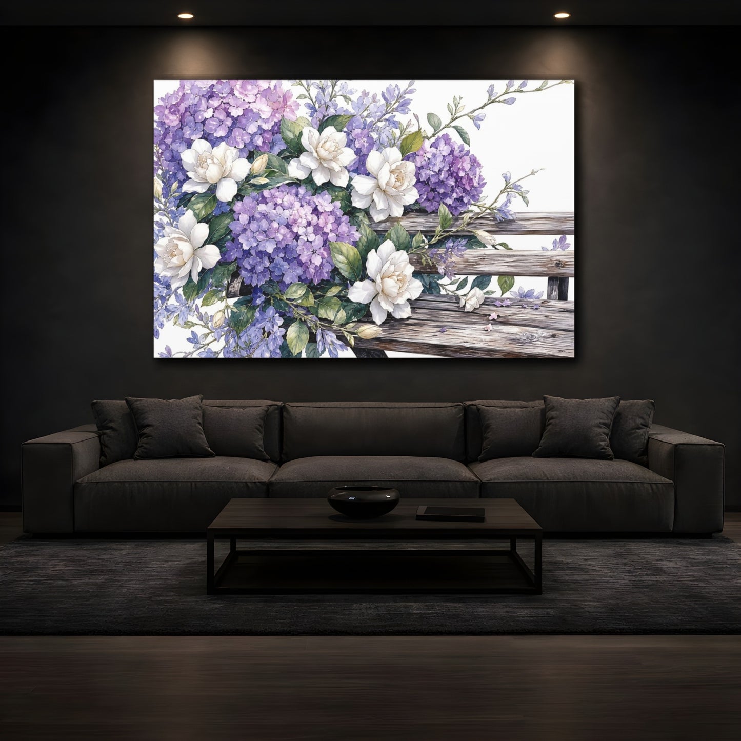 Mockup 3. Floral Hydrangeas Gardenias Purple And White Floral shown as stretched canvas wall art
