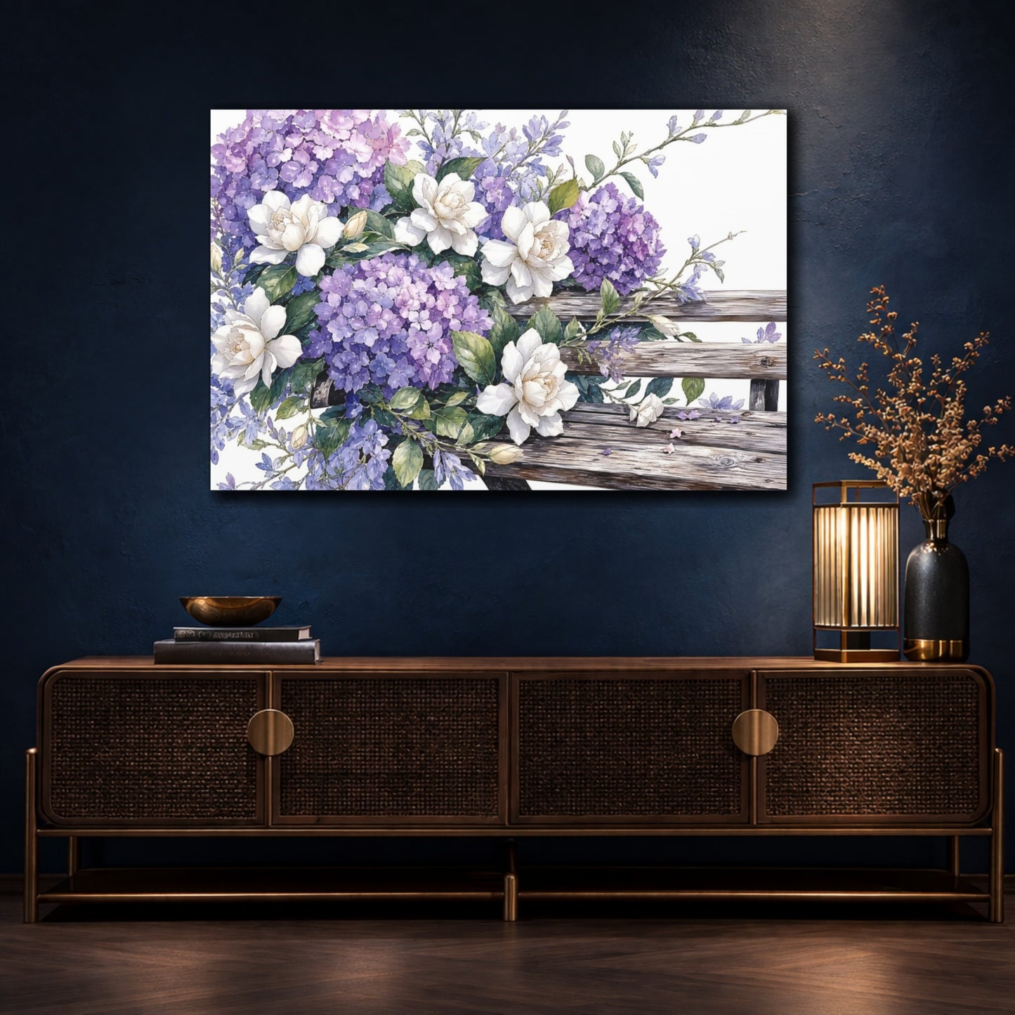 Mockup 4. Floral Hydrangeas Gardenias Purple And White Floral shown as stretched canvas wall art