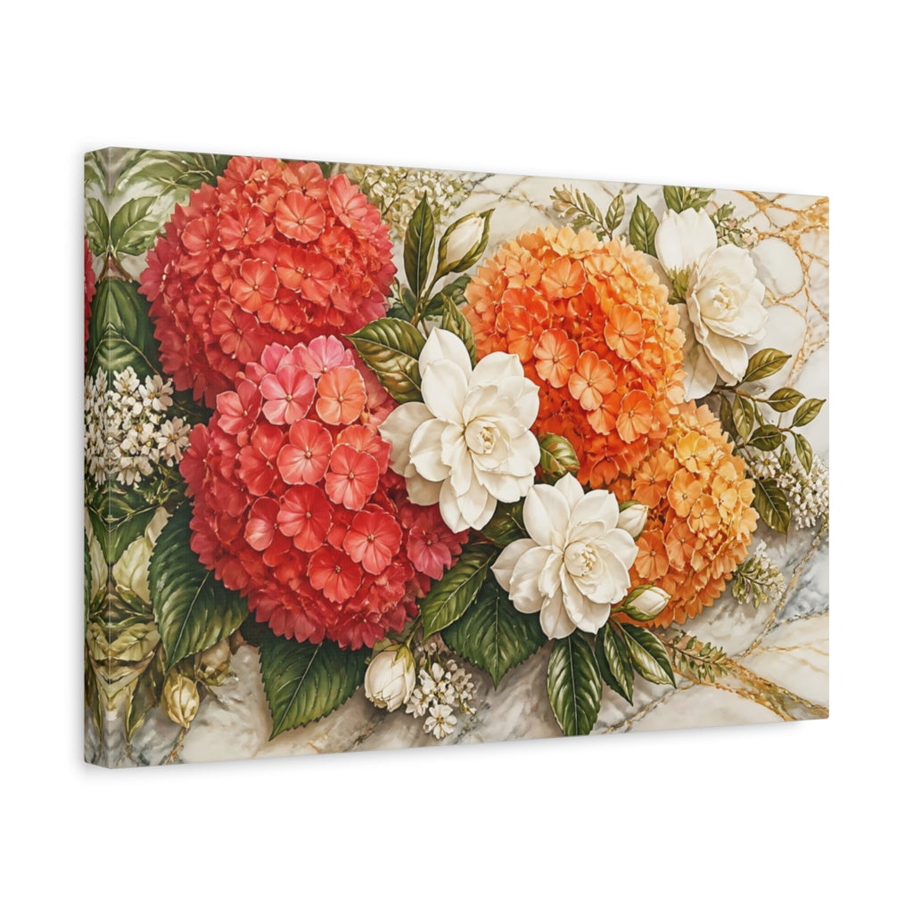 Side Mockup 4. Floral Hydrangeas Gardenias Red Orange White Floral shown as stretched canvas wall art