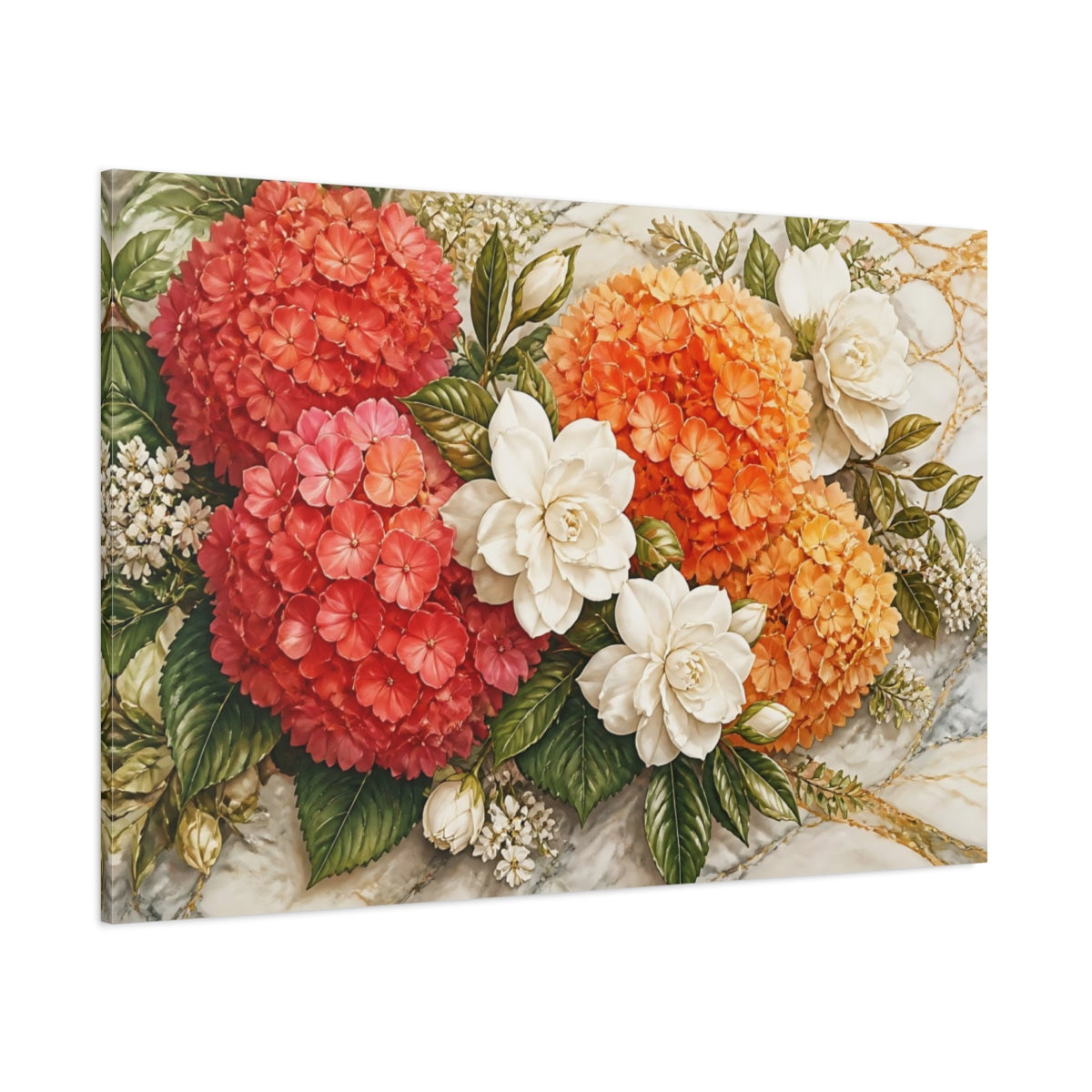 Side Mockup 1. Floral Hydrangeas Gardenias Red Orange White Floral shown as stretched canvas wall art