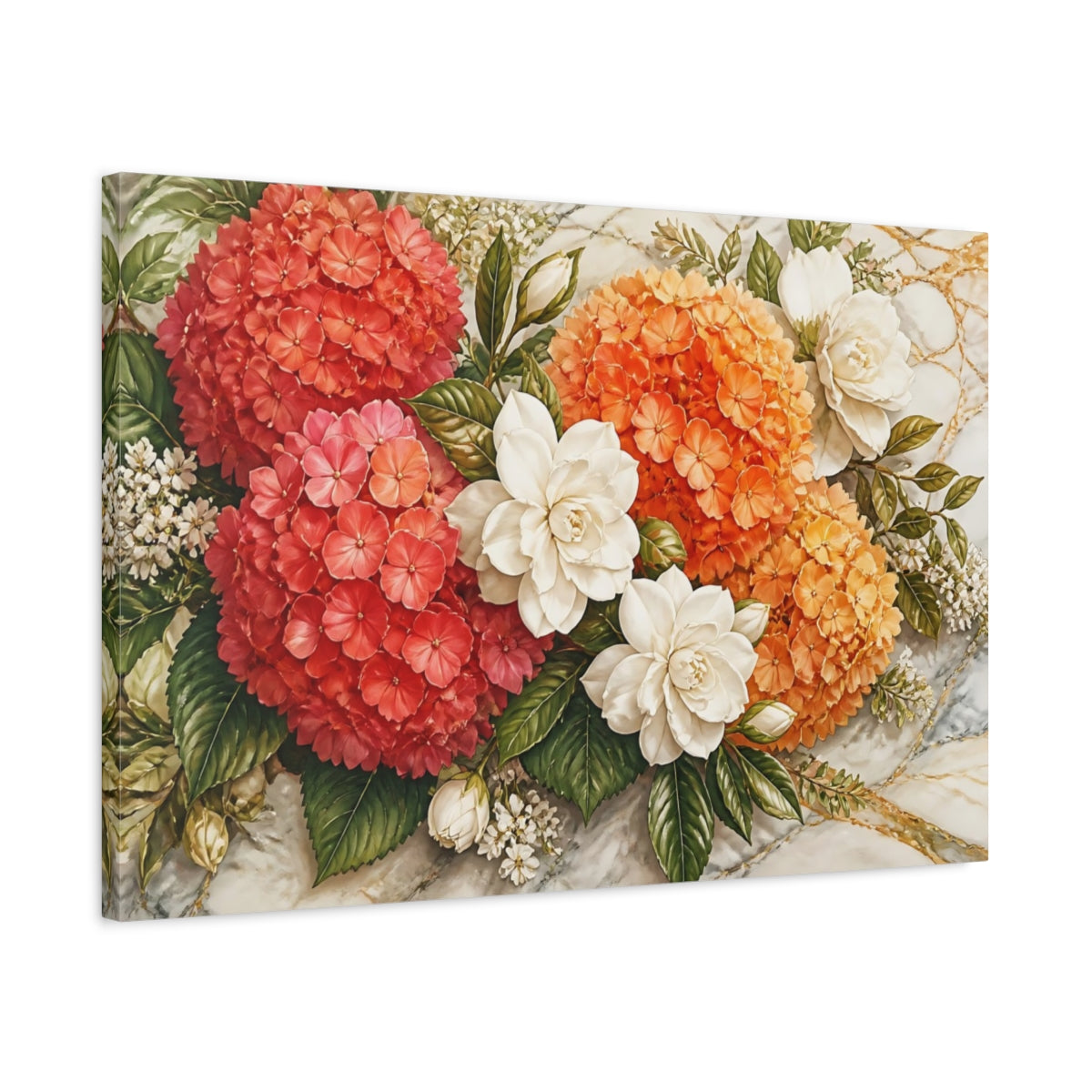 Side Mockup 2. Floral Hydrangeas Gardenias Red Orange White Floral shown as stretched canvas wall art