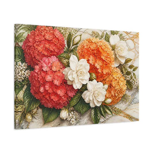 Main Mockup. Floral Hydrangeas Gardenias Red Orange White Floral shown as stretched canvas wall art
