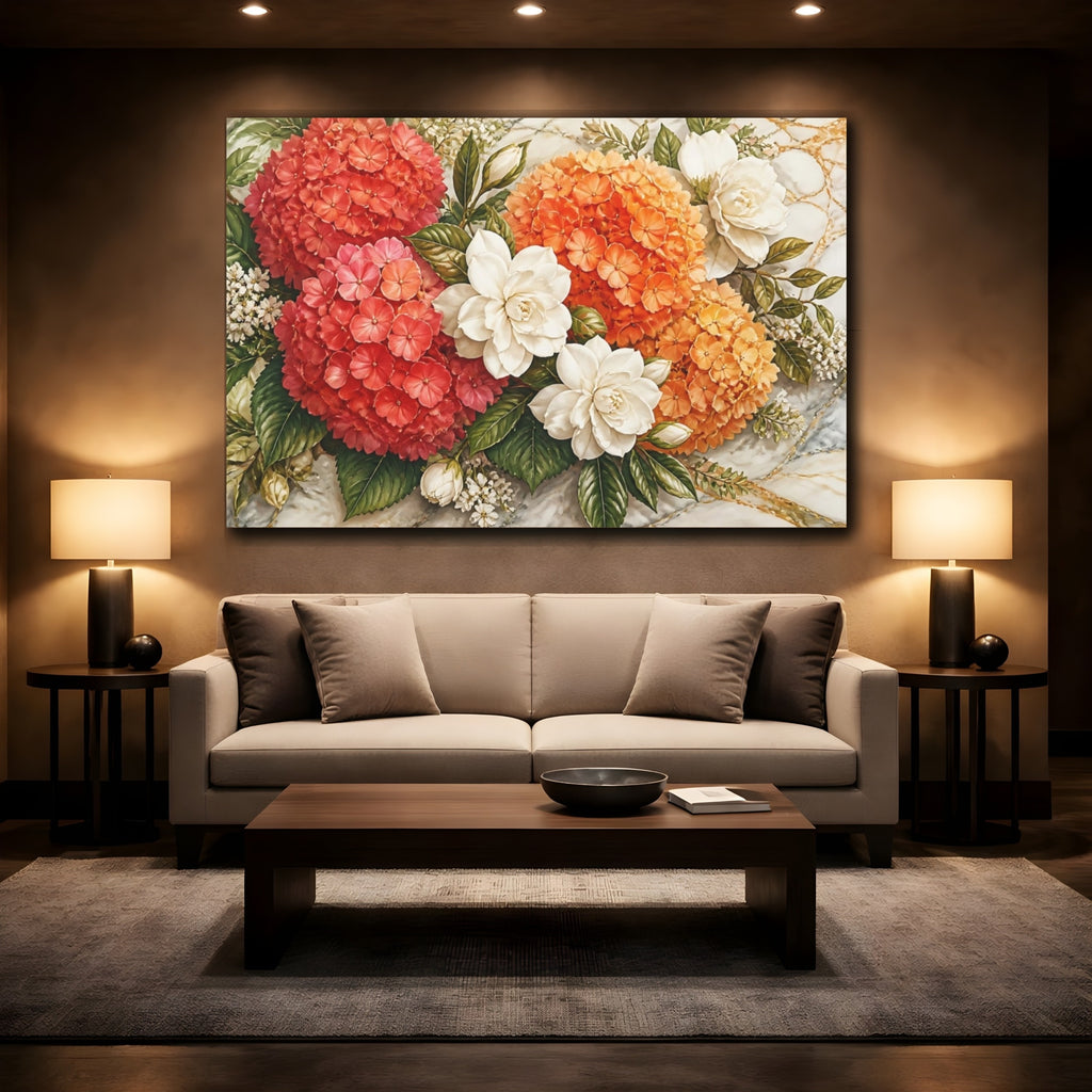 Mockup 2. Floral Hydrangeas Gardenias Red Orange White Floral shown as stretched canvas wall art