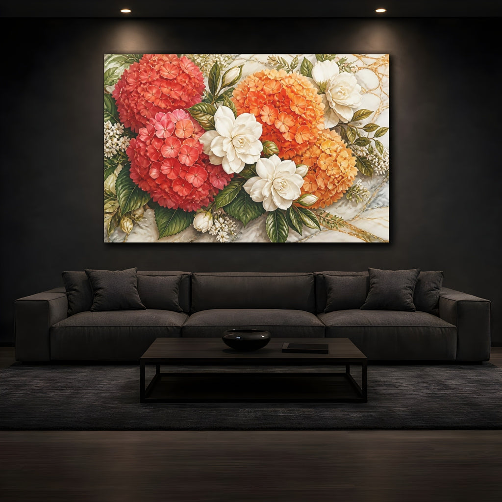 Mockup 3. Floral Hydrangeas Gardenias Red Orange White Floral shown as stretched canvas wall art