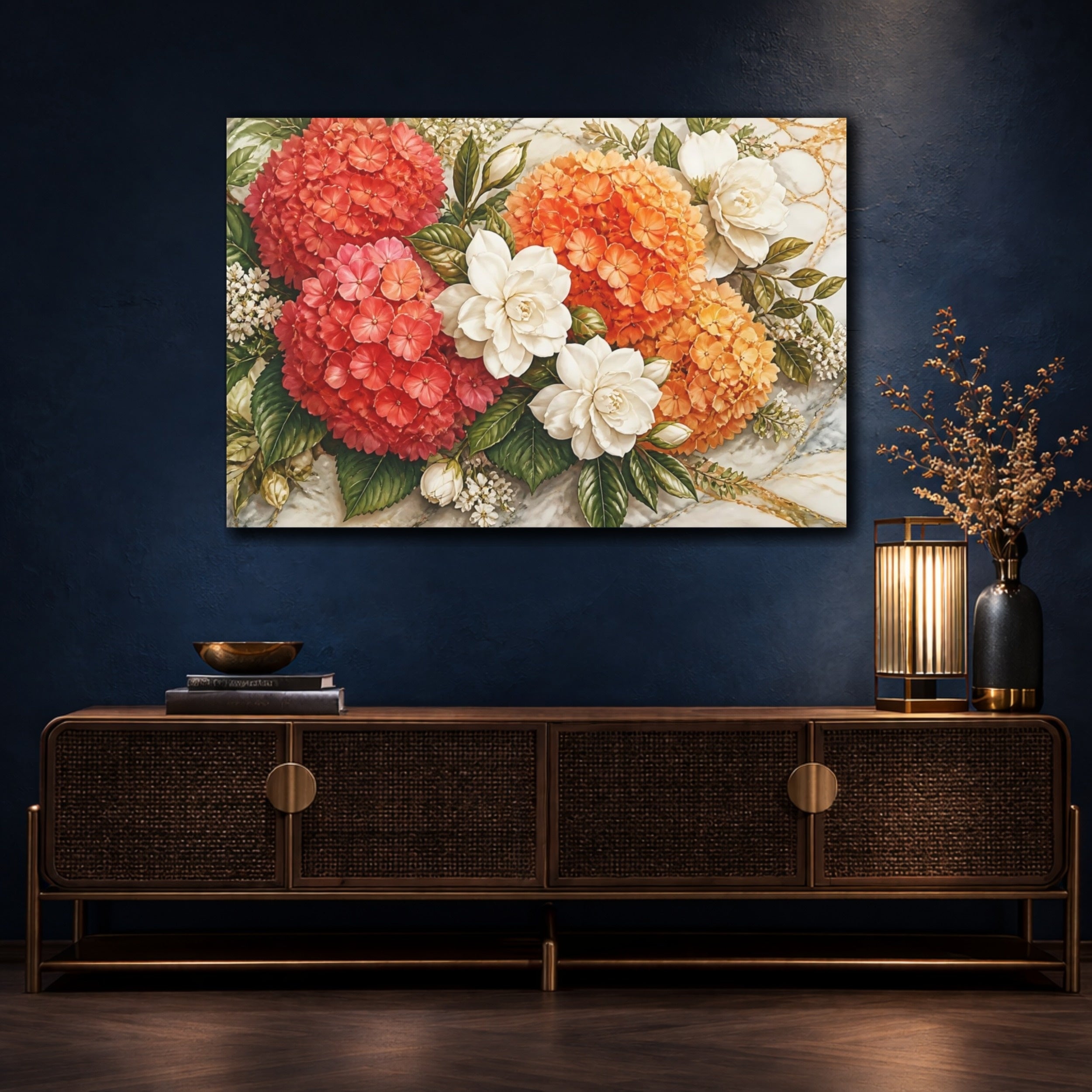 Mockup 4. Floral Hydrangeas Gardenias Red Orange White Floral shown as stretched canvas wall art