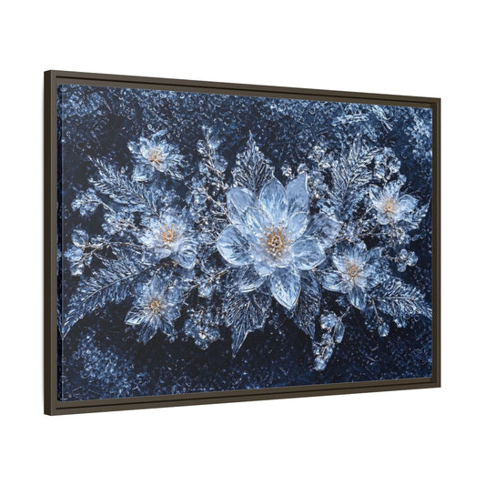 Main Mockup. Floral Ice Flowers Icy Blue shown as stretched canvas wall art