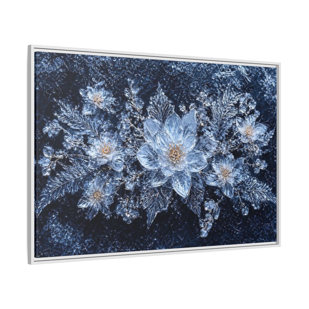Side Mockup 7. Floral Ice Flowers Icy Blue shown as stretched canvas wall art