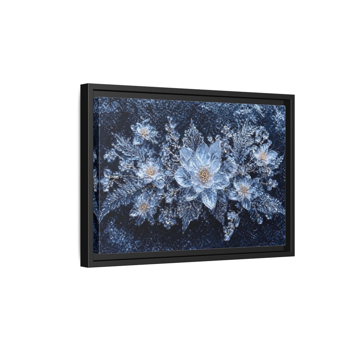 Side Mockup 6. Floral Ice Flowers Icy Blue shown as stretched canvas wall art
