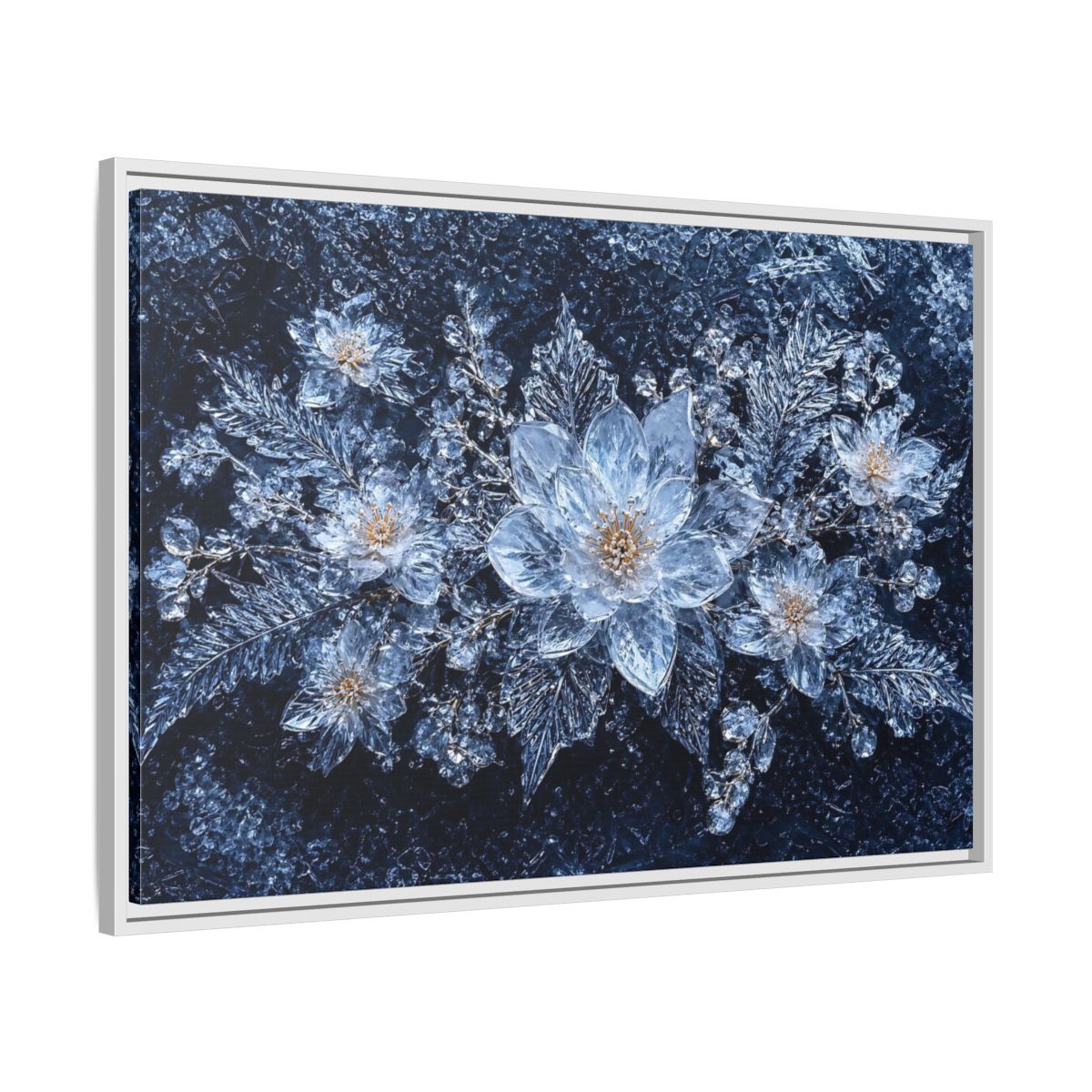 Side Mockup 9. Floral Ice Flowers Icy Blue shown as stretched canvas wall art
