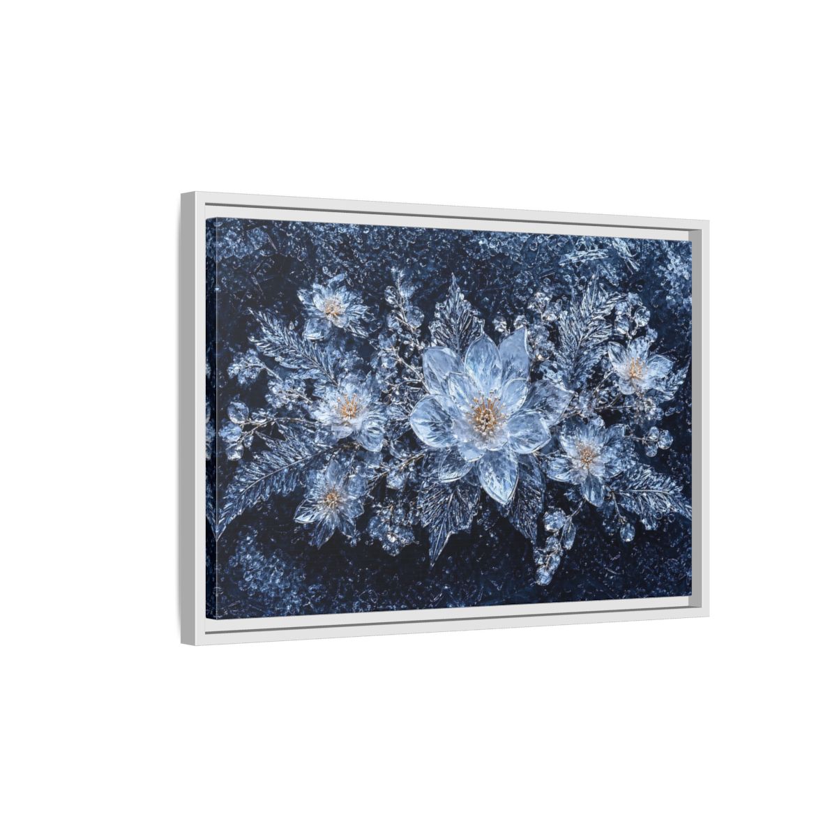 Side Mockup 1. Floral Ice Flowers Icy Blue shown as stretched canvas wall art