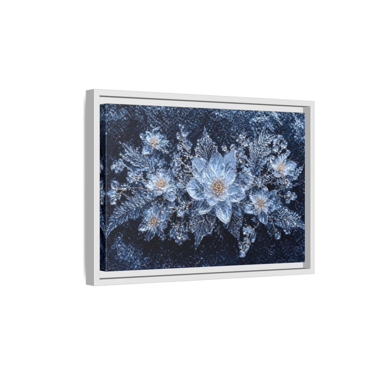 Side Mockup 4. Floral Ice Flowers Icy Blue shown as stretched canvas wall art