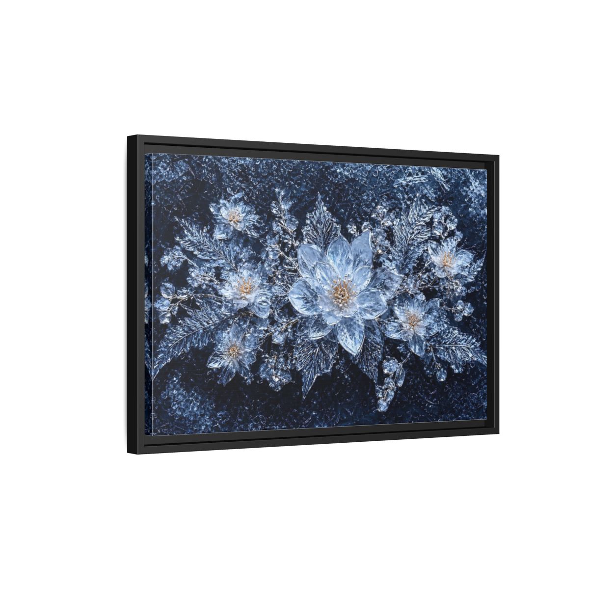 Side Mockup 3. Floral Ice Flowers Icy Blue shown as stretched canvas wall art