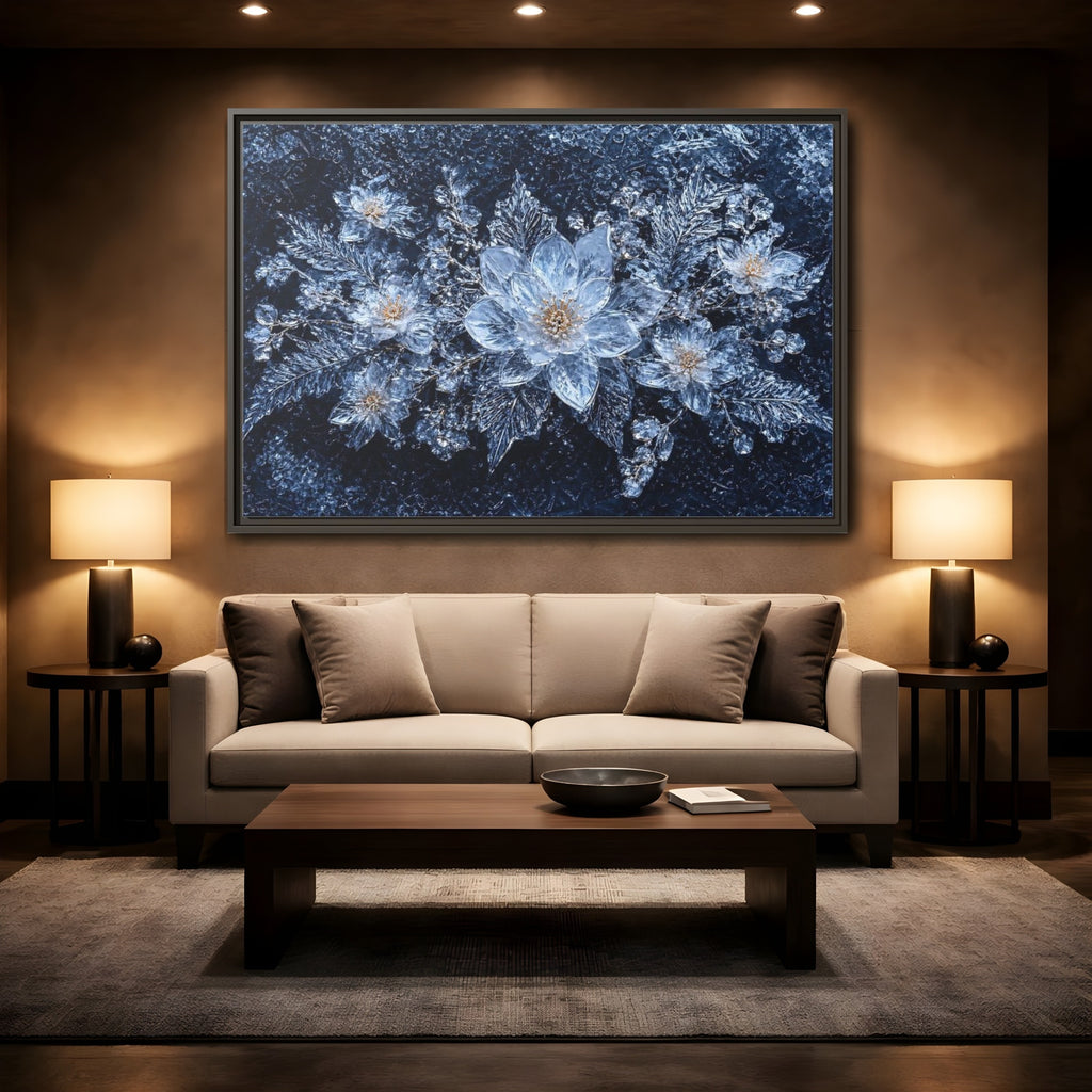 Mockup 2. Floral Ice Flowers Icy Blue shown as stretched canvas wall art