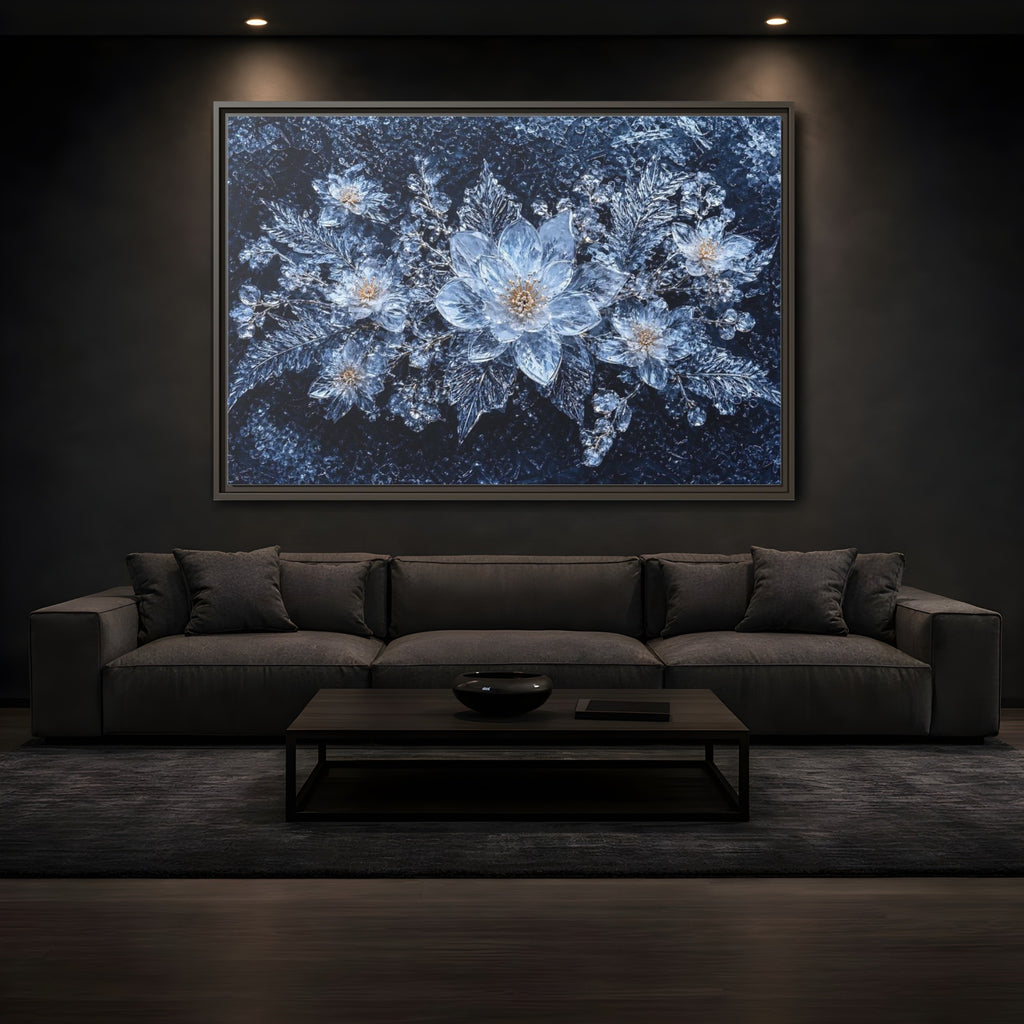 Mockup 3. Floral Ice Flowers Icy Blue shown as stretched canvas wall art